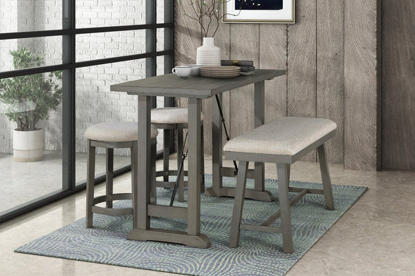English Elm 4PC Industrial Auburndale Counter Height Dining Set Light Gray Acacia Veneer Table Bench Stools B011S01363