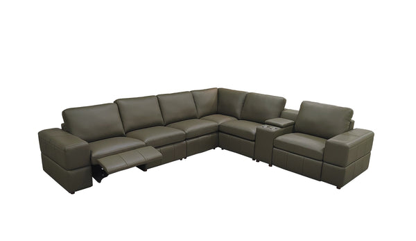 English Elm Premium Leather Match Sectional with Dual Recliners Square Arms and Console Storage Olive Green B2748S00158