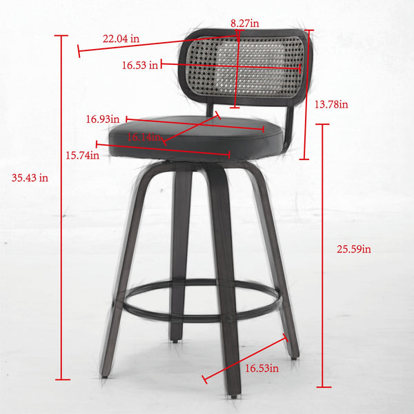 English Elm Set of 2 Swivel Counter Stools with Cane Back and Upholstered PU Seat, Walnut Wood, Ergonomic 360° Comfort Black W1143P300157