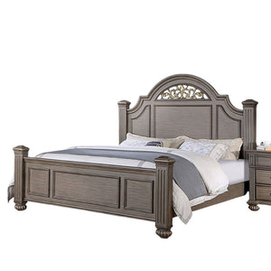 English Elm Queen Panel Bed with Floral Paneled Headboard and Antique Brass Accents, Elegant Contemporary Design Gray 67 L x 50 W x 6 H B2741S00048