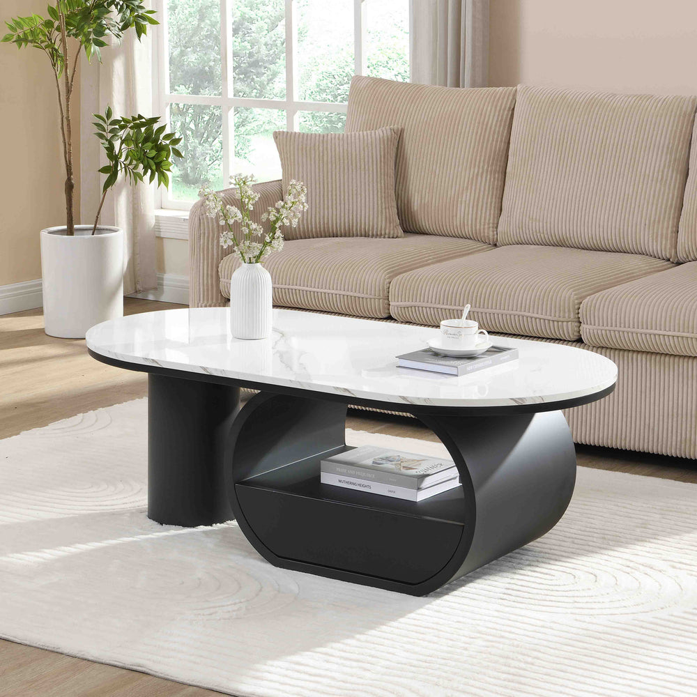 English Elm Luxury Oval Coffee Table with Faux Marble Top, Sturdy Metal Frame, Storage Drawer, Adjustable Feet Black White W821S00031