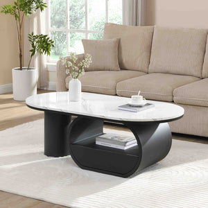 English Elm Luxury Oval Coffee Table with Faux Marble Top, Sturdy Metal Frame, Storage Drawer, Adjustable Feet Black White W821S00031