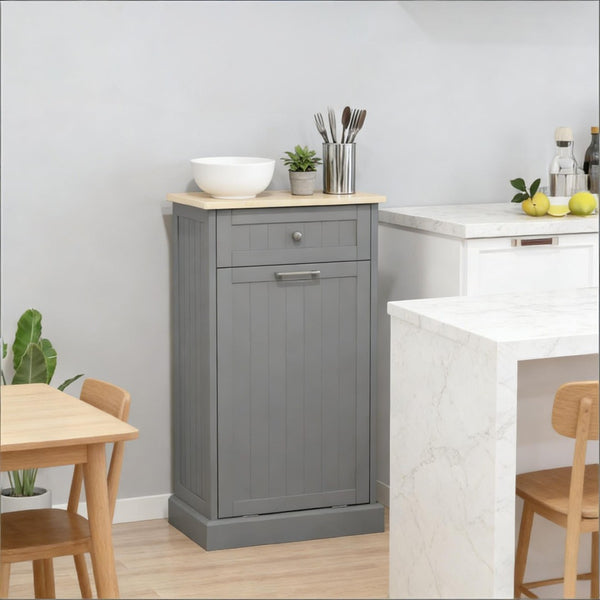 English Elm Trash Cabinet with Tilt Out Door Oak Top Charcoal Gray Kitchen Storage Unit Gray,Oak T3971P464961