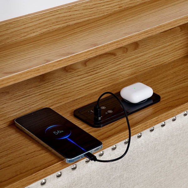 English Elm Twin Size Upholstered Sofa Bed With Led Lights, Storage, Adjustable Headboard & Wireless Charging W1413S00058-GIGA