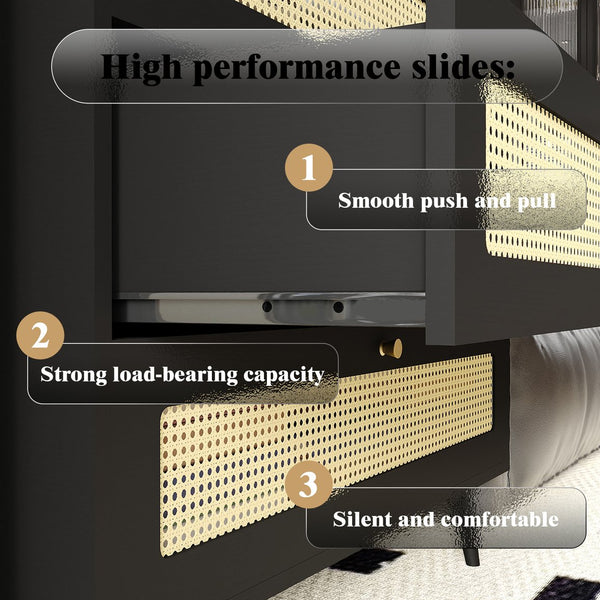 English Elm 4 Drawer Dresser Black - Modern Rattan-Front Chest with Wide Metal-Handle Drawers, Durable MDF Storage W2227P144261