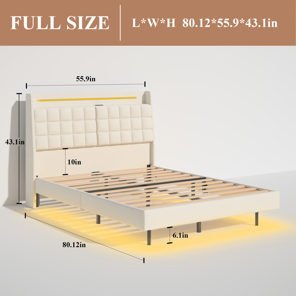 English Elm Full Floating Bed Frame with LED Lights, USB Charging Headboard, Hidden Storage & Velvet Beige W636P311067
