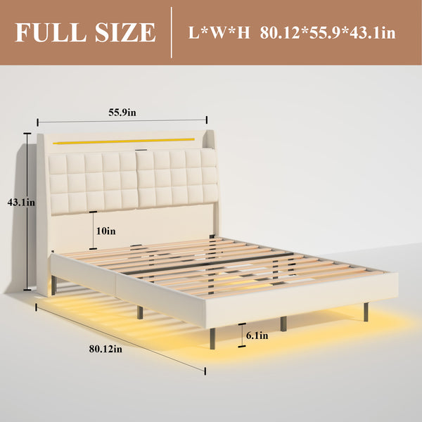 English Elm Full Floating Bed Frame with LED Lights, USB Charging Headboard, Hidden Storage & Velvet Beige W636P311067