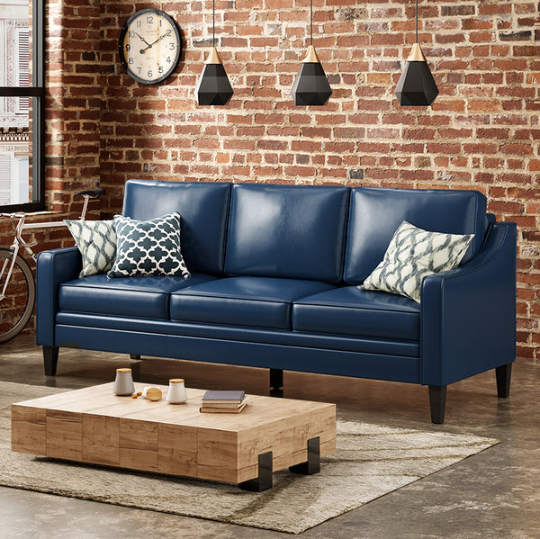 English Elm 78.75'' Slipcovered Faux Leather Sofa with High-Density Foam, Solid Wood Frame, Easy-Clean Finish Blue T3623P411305