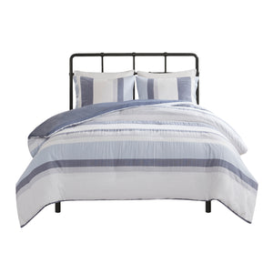 English Elm King/Cal King Allegany 3 Piece Jacquard Duvet Cover Set – Striped Blue Gray Cream, Antimicrobial, Machine Washable, Button Closure B03597366