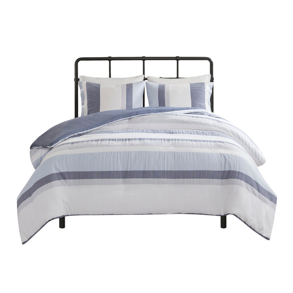English Elm King/Cal King Allegany 3 Piece Jacquard Duvet Cover Set – Striped Blue Gray Cream, Antimicrobial, Machine Washable, Button Closure B03597366