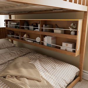 English Elm Full Over Bunk Bed with Led Lighting Pegboard Shelving and Pine Wood Frame Brown LT000278AAP
