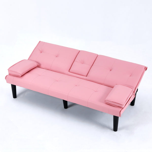 English Elm The 67-inch PVC multi-functional sofa bed with one-click fold, cup holders, sturdy wood frame for apartments Pink W3371P318142