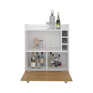 English Elm Tori 42" Tall One-Door Bar Cabinet with 3 Cubbies, 3 Shelves, Prep Surface & Rail, White Oak Chic B200P286936