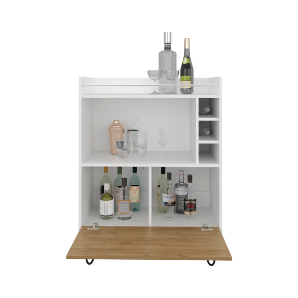 English Elm Tori 42" Tall One-Door Bar Cabinet with 3 Cubbies, 3 Shelves, Prep Surface & Rail, White Oak Chic B200P286936