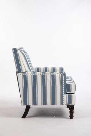 English Elm Upholstered Vintage Armchair with Striped Linen Look, Nailhead Trim, High-Density Foam Comfort Blue W2530P174775