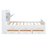 English Elm Full Size Wooden Bed With Storage Headboard With Outlets, Extendable Bed With Twin Size Trundle With Three Storage Drawers,White