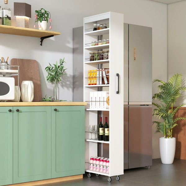 English Elm 7 Tier Rolling Slim Kitchen Organizer with Open Shelves and Casters for Narrow Spaces W331P374571