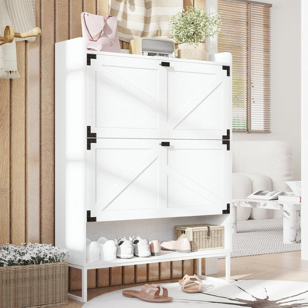 English Elm Shoe Cabinet With Open Shelf & 2 Flip Drawers - Stylish Farmhouse Storage For Narrow Entryways W2227P170170-GIGA
