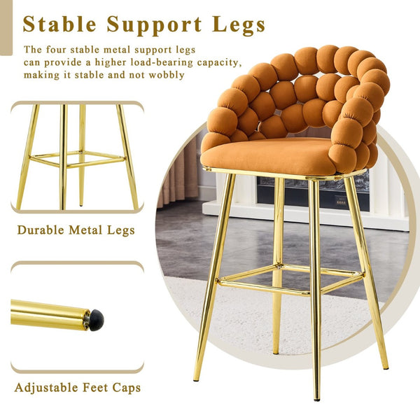 English Elm Set of 2 Sculptural Bubble Back Velvet Barstools with Glamorous Electroplated Legs Gold,Orange W3875P370838