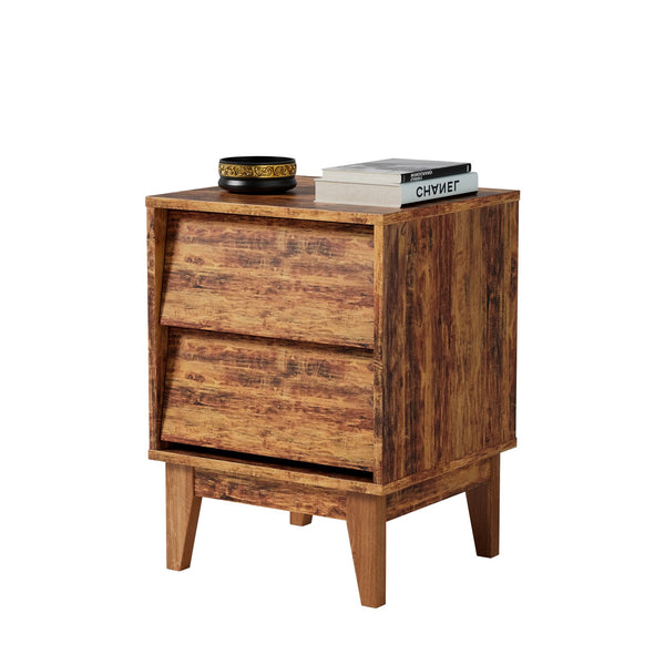 English Elm 2 Nightstands Vintage Bevel Design with Hidden Drawer Pulls and Solid Wood Legs for Stable Style Brown W578P192477