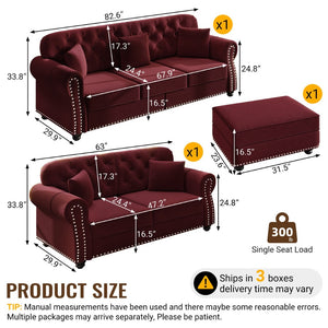 English Elm Upholstered Velvet Chesterfield Sofa with Button Tufting Nailhead Trim and Ottoman Burgundy W1885S00396
