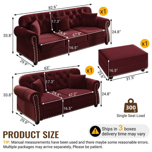 English Elm Upholstered Velvet Chesterfield Sofa with Button Tufting Nailhead Trim and Ottoman Burgundy W1885S00396