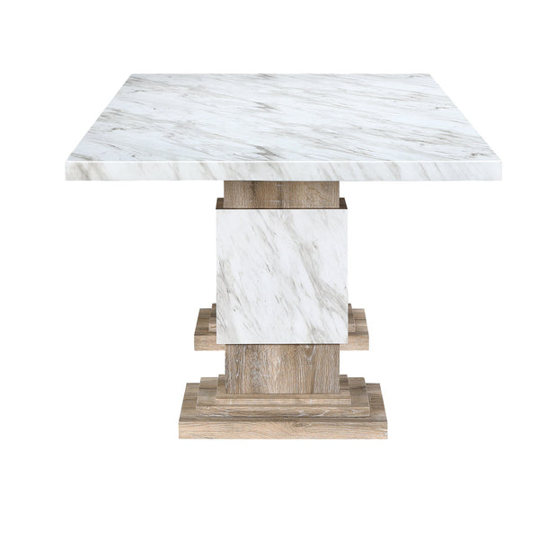 English Elm STACEY Beige Dining Table with Faux Marble Top, Solid Wood Pedestal Base & Accented Legs — Contemporary Elegance B201S00327