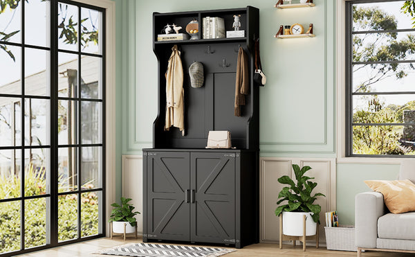 English Elm On-Trend 4-In-1 Farmhouse Hall Tree: Movable Bench, 7 Hooks, Shoe Storage & Rustic Style For Entryway N721P205788B-GIGA