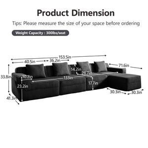English Elm Modular 4-Seat L-Shaped Sectional Sofa In Black Corduroy - Cloud-Like Comfort With Ottoman & Pillows W3041S00328