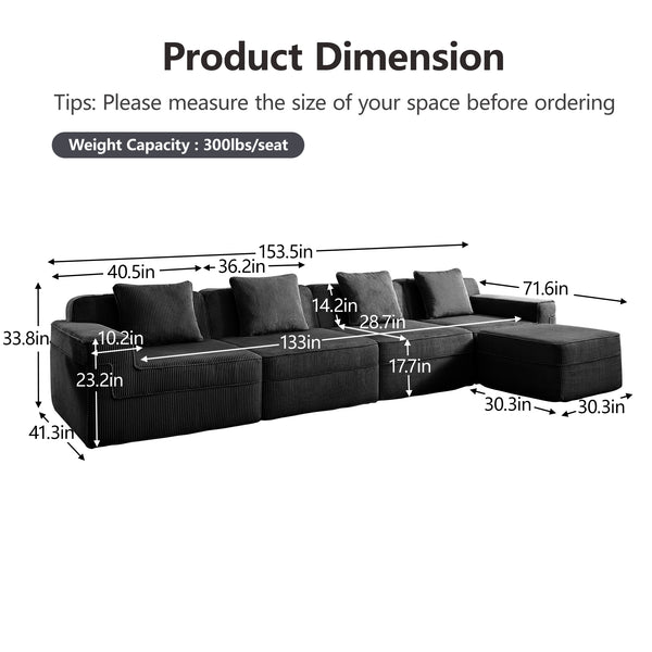 English Elm Modular 4-Seat L-Shaped Sectional Sofa In Black Corduroy - Cloud-Like Comfort With Ottoman & Pillows W3041S00328