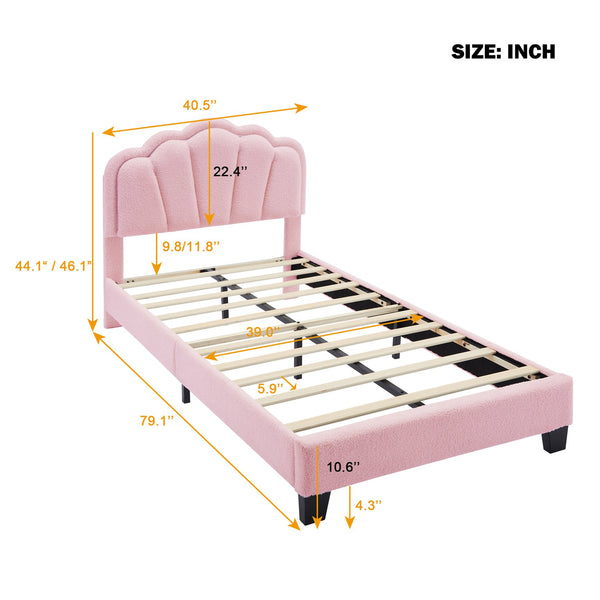 English Elm Twin Flower-Shape Upholstered Bed with LED Headboard, Pink Sherpa Platform Twin Bed for Kids Room Cozy Chic N733P177307H