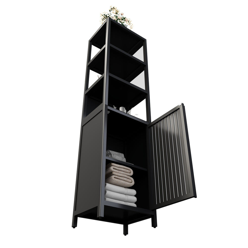 English Elm BLACK Bamboo Tall Slim Cabinet with Shutter Door, 3-Tier Freestanding Linen Tower for Kitchen Bath 39x18x9" W2207P272658
