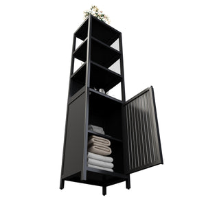 English Elm BLACK Bamboo Tall Slim Cabinet with Shutter Door, 3-Tier Freestanding Linen Tower for Kitchen Bath 39x18x9" W2207P272658