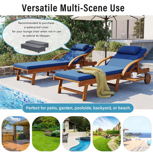 English Elm U_style Acacia Wood Outdoor Chaise Lounger with Reclining Backrest Cushions and Side Tray Navy Blue N711P415859C