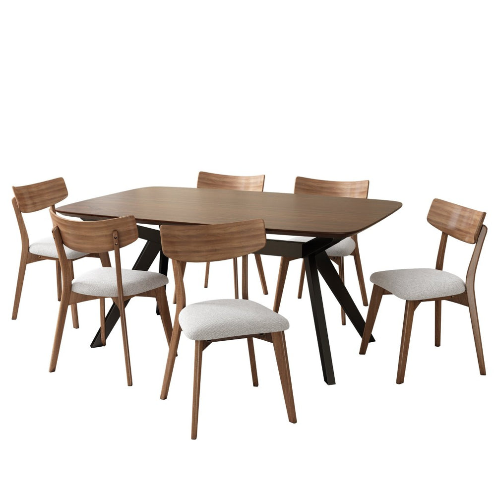 English Elm 7-pieces Mid-century Rubberwood Dining Set Seats Six with Upholstered Beige Chairs N768P379795L_6_N768P247991W