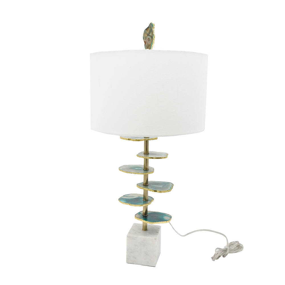 English Elm D15x29.5" Verdant Agate-Slice Lamp with Marble Base, White Drum Shade, Natural Stone Accent, Chic Decor W2078P324078