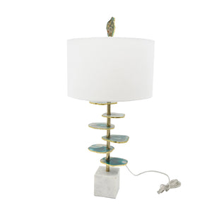 English Elm D15x29.5" Verdant Agate-Slice Lamp with Marble Base, White Drum Shade, Natural Stone Accent, Chic Decor W2078P324078