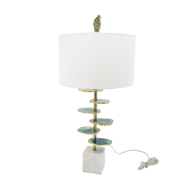 English Elm D15x29.5" Verdant Agate-Slice Lamp with Marble Base, White Drum Shade, Natural Stone Accent, Chic Decor W2078P324078