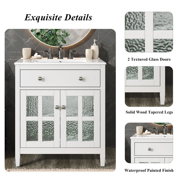 English Elm Christopher Knight Home® - 30" Bathroom Vanity with Ceramic Sink, Solid Wood Legs, Adjustable Shelf, Tip-Out Tray, Soft-Close Hinges, Silver Knobs, Moisture-Resistant Finish White N817P286250W