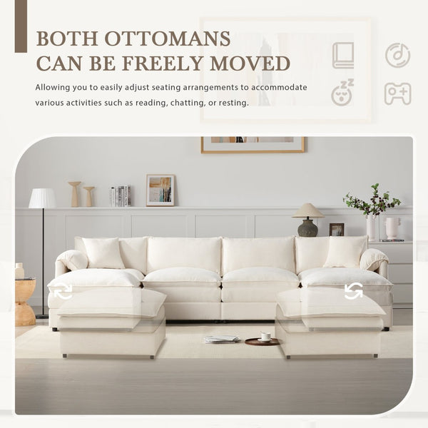 English Elm [video]136" Chenille U-shaped Sectional Six Seat Cloud Sofa with Movable Ottomans White N723S1687W