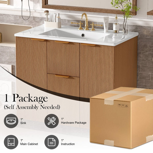 English Elm [video]36 Inch Floating Bathroom Vanity with Ceramic Sink Mdf Cabinet Soft Close N729P417256N