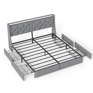 English Elm Queen Storage Platform Bed with Rgb Lighting Linen Headboard and Built-in Charging T3963P437337