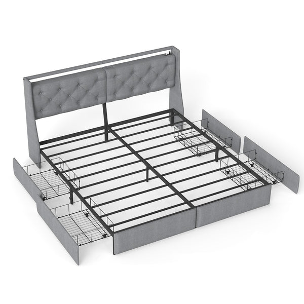 English Elm Queen Storage Platform Bed with Rgb Lighting Linen Headboard and Built-in Charging T3963P437337