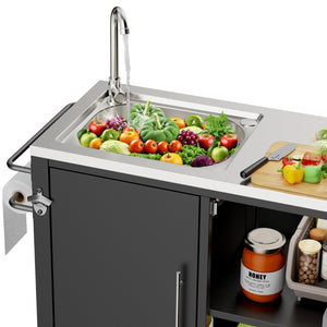 English Elm Outdoor Stainless Steel Grill Cart with Sink Cabinet and Lockable Swivel Wheels W3190P409412