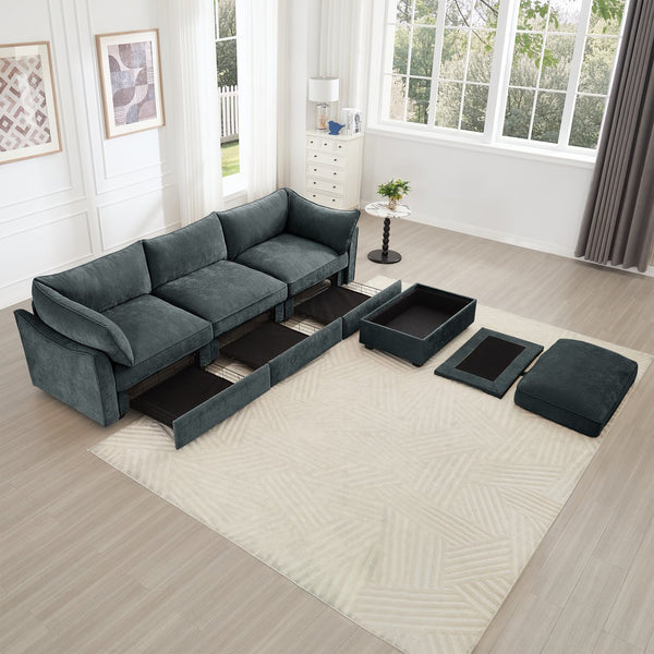 English Elm L-Shaped 3-Seater Sectional Sofa Couch With Movable Ottoman, Chenille Fabric For Modern Comfort & Style W3041S00196