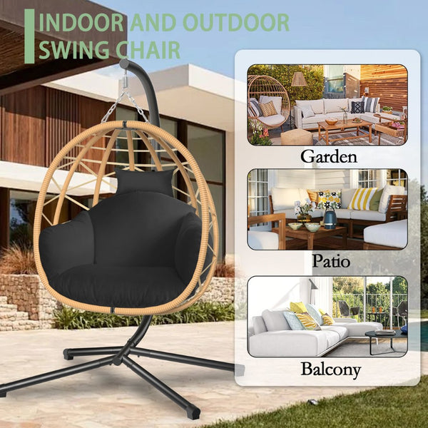English Elm Hanging Rattan Nest Egg Chair with Stand Uv Resistant Cushion Patio Bedroom Lounge T5880P494883