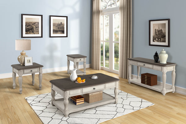 English Elm Two Toned Cocktail Table with Storage Drawer & Shelf, Ancient White Oak Veneer, Traditional Charm B2699P235331