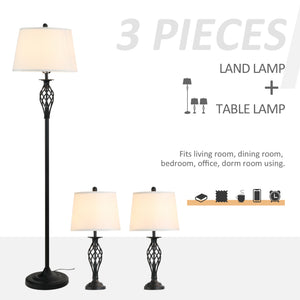 English Elm HOMCOM 3-Piece Vintage Floor & Table Lamp Set with Woven Metal Pole, White Fabric Shades, Cozy Glow W2225P217294