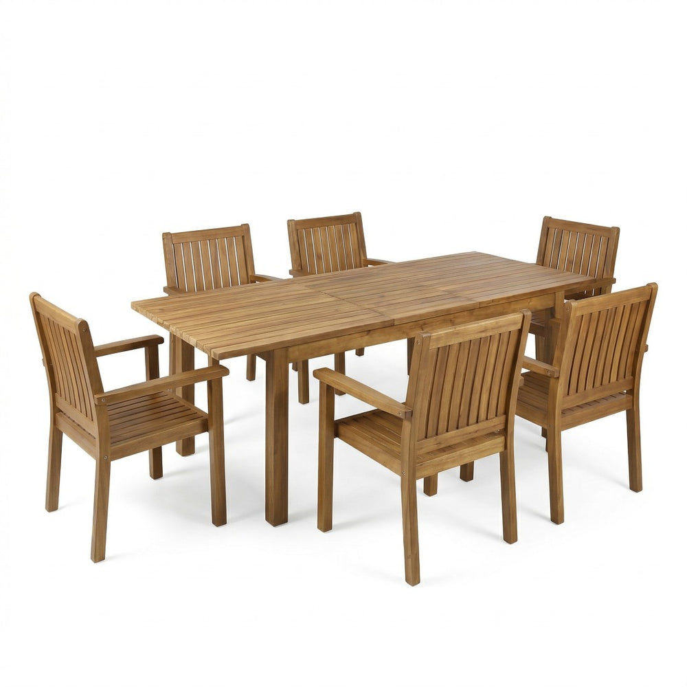 English Elm 7 Piece Acacia Wood Outdoor Dining Set Extendable Table Six Chairs Teak Finish N762S000025AAA