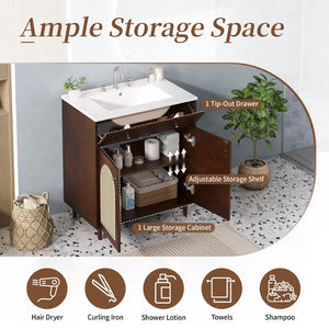 English Elm 30" Rattan Front Bathroom Vanity Solid Pine Cabinet with Ceramic Sink and Adjustable Shelf Walnut N710P293988P